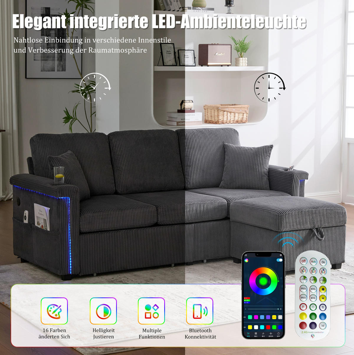 SOFA Corduroy mit LED und USB-Anschluss Stauraum 194/73/81 cm Dunkelgrau - Dunkelgrau, Textil (73/194cm) - Redom