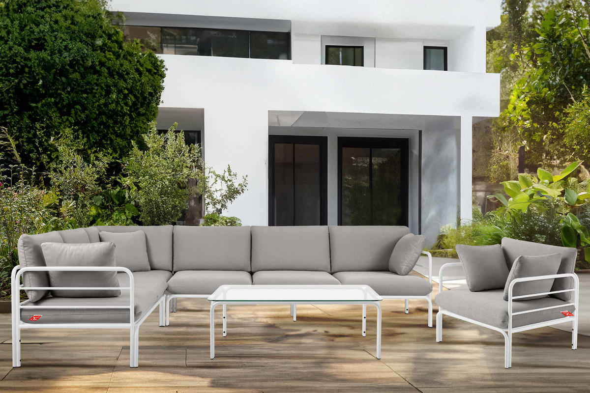 GARTENECKSOFA RAMBE 5-Sitzer mit Kissen, Weiß/Hellgrau - Hellgrau/Weiß, Textil/Metall (304/80/229cm) - KONSIMO®