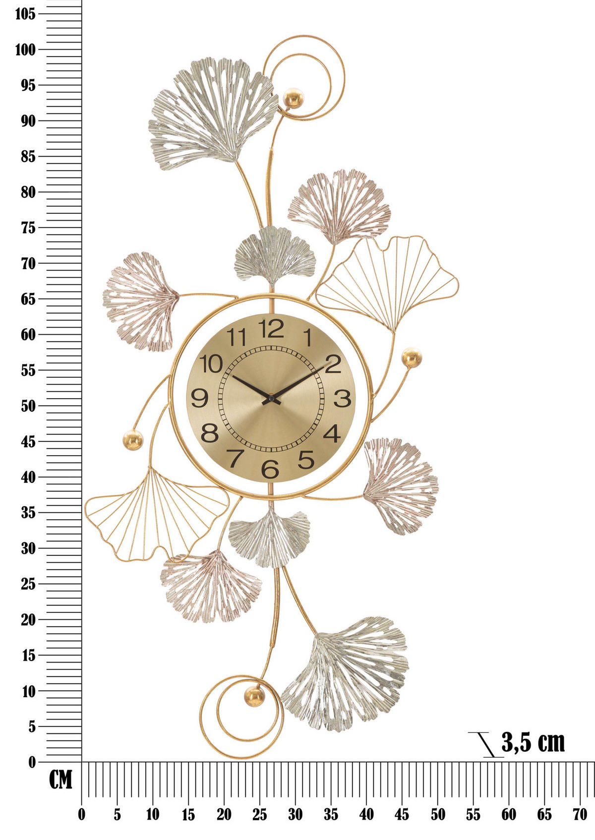 WANDUHR mit Blätterverzierung aus Metall Leavy 3,5/52,5/102 cm - Goldfarben, Metall (52.5/102/3.5cm) - Mauro Ferretti