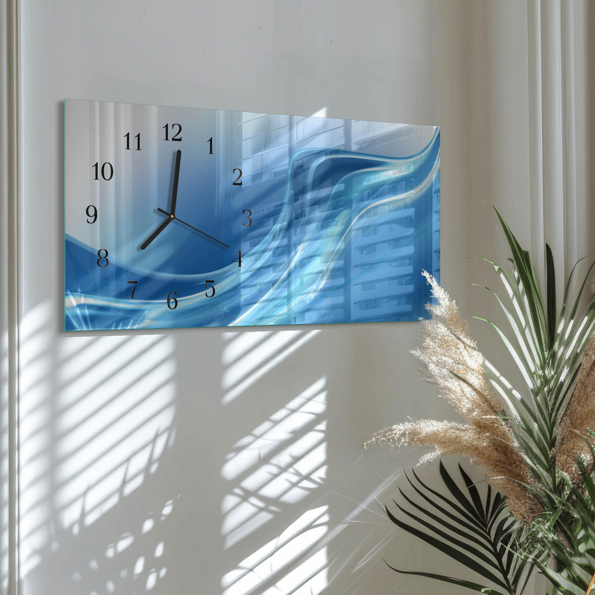 WANDUHR 60x30 cm - Magnolienblüte - Blau, Glas (60/30/0.4cm) - TULUP