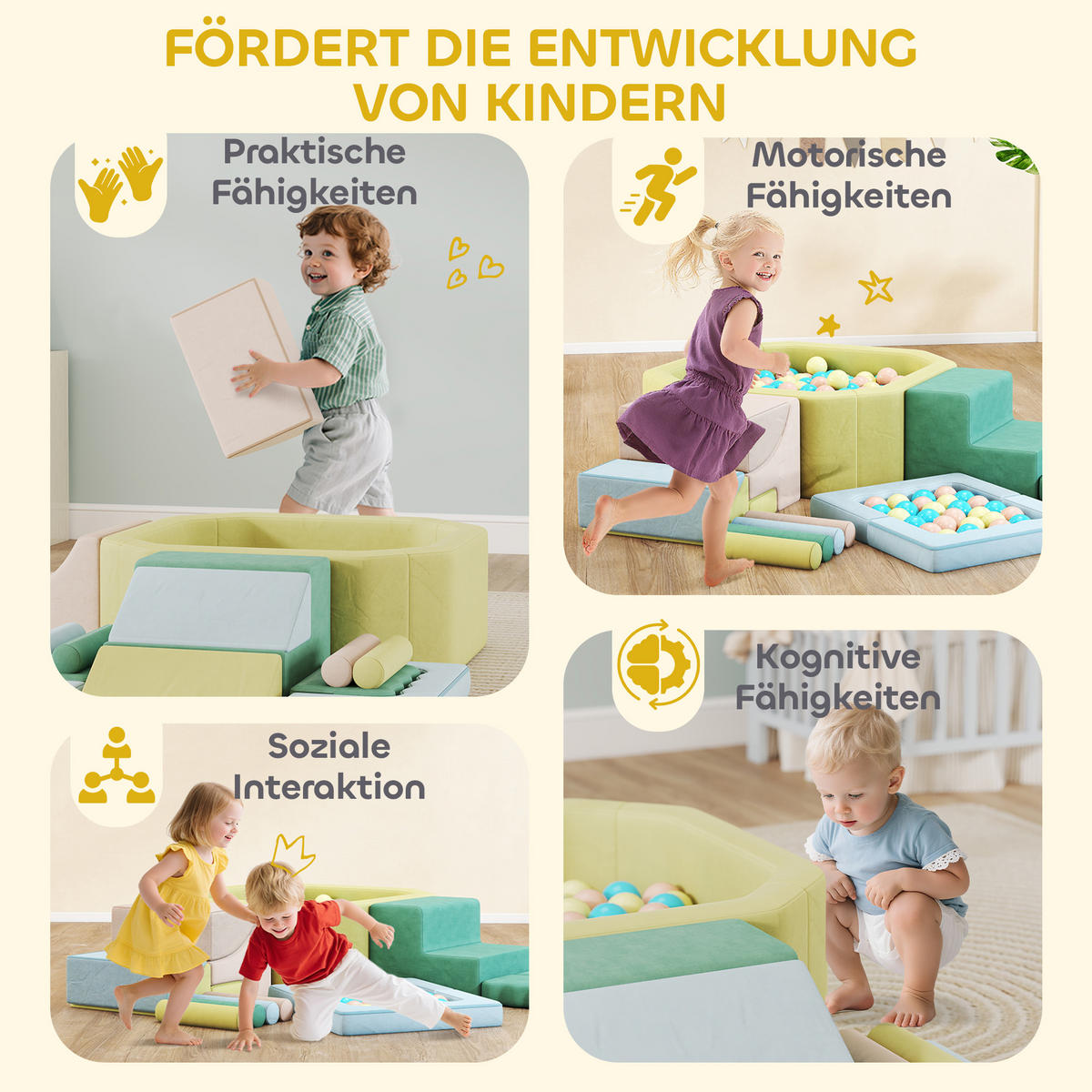 SCHAUMSTOFF Bausteine Kinder 15er-Set mit Bällepool, 200 Bälle Mehrfarbig - Multicolor, Textil (137.5/160cm) - AIYAPLAY