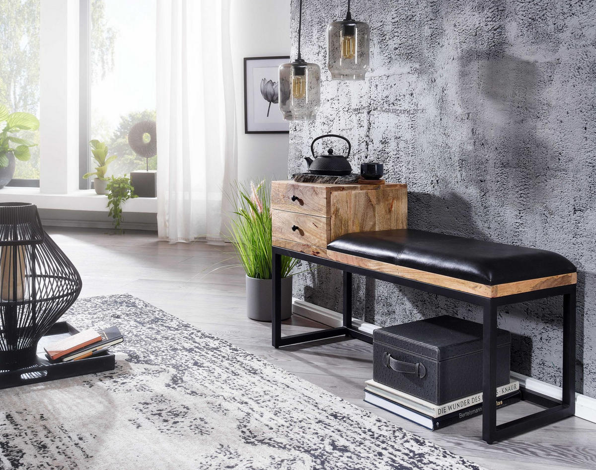 SITZBANK – Ziegenleder/Metall, Schubladen, Retro-Stil - Schwarz/Braun, Leder/Metall (100/60/35cm) - KADIMA DESIGN