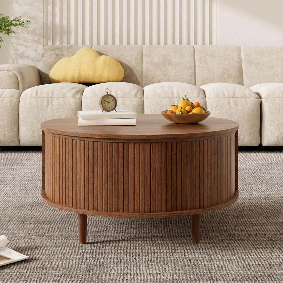 COUCHTISCH in Holzoptik Runder Wohnzimmertisch mit höhenverstellbar Stauraum und Schiebetür, 80 B / 80 T / 59 H(cm) - Dunkelbraun, Holzwerkstoff (80/80/59cm) - STILVORA