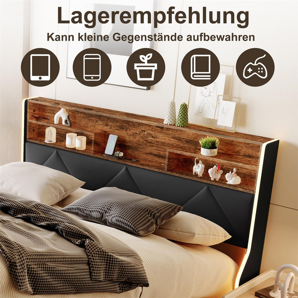 POLSTERBETT 140x200 cm mit LED-Beleuchtung - USB-Ladestation und hydraulischem Stauraum - Schwarz PU-Leder - Schwarz, Textil (140/200cm) - DELFA