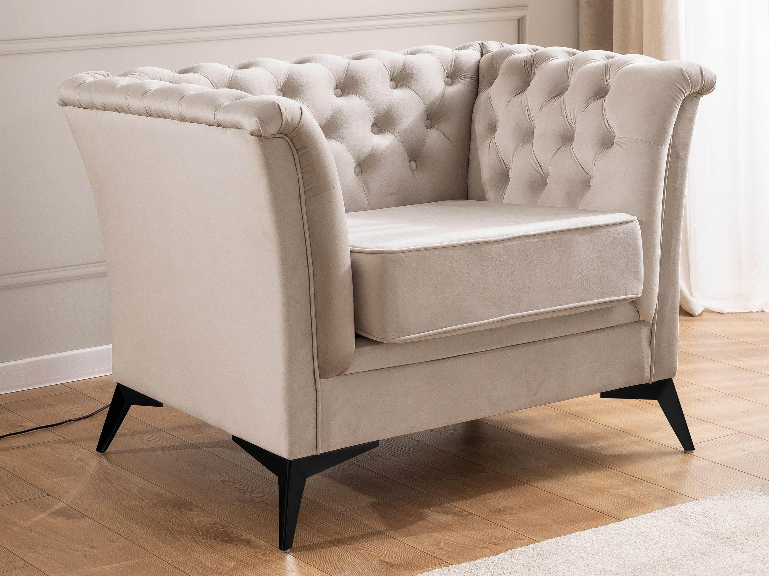 CHESTERFIELD-SESSEL Whitby Beige Samt mit schwarzen Füßen - Beige/Schwarz, Holz/Textil (116/78/82cm) - S-Style Möbel