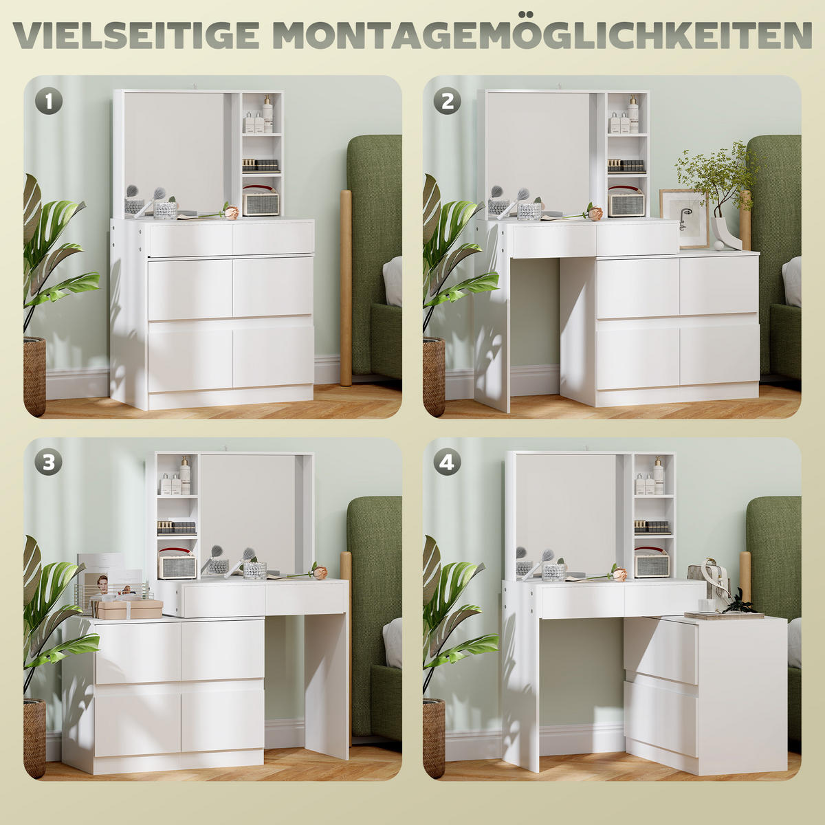 SCHMINKTISCH Kosmetiktisch mit Spiegel, 4 Schubladen, 3 offene Ablagen, Weiß - Weiß, Holzwerkstoff (38.5/122.5/71.3cm) - HOMCOM