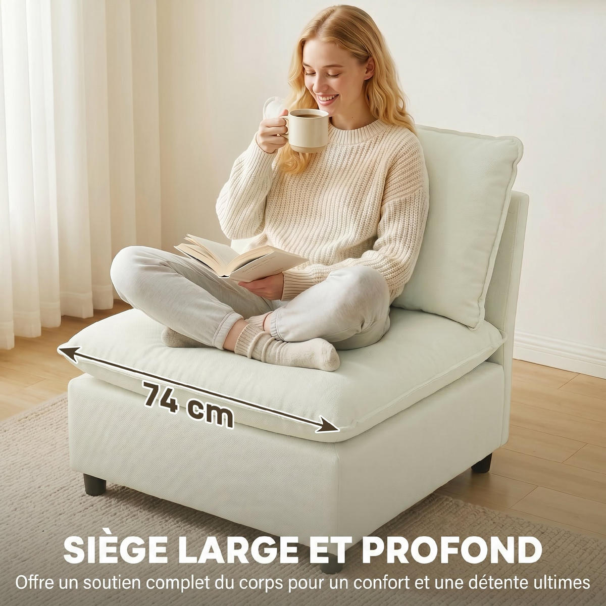 SESSEL DE-13498 1-Sitzer ohne Armlehnen, große Sitzfläche Creme - Creme, Textil (85/78/74cm) - ComfortXL