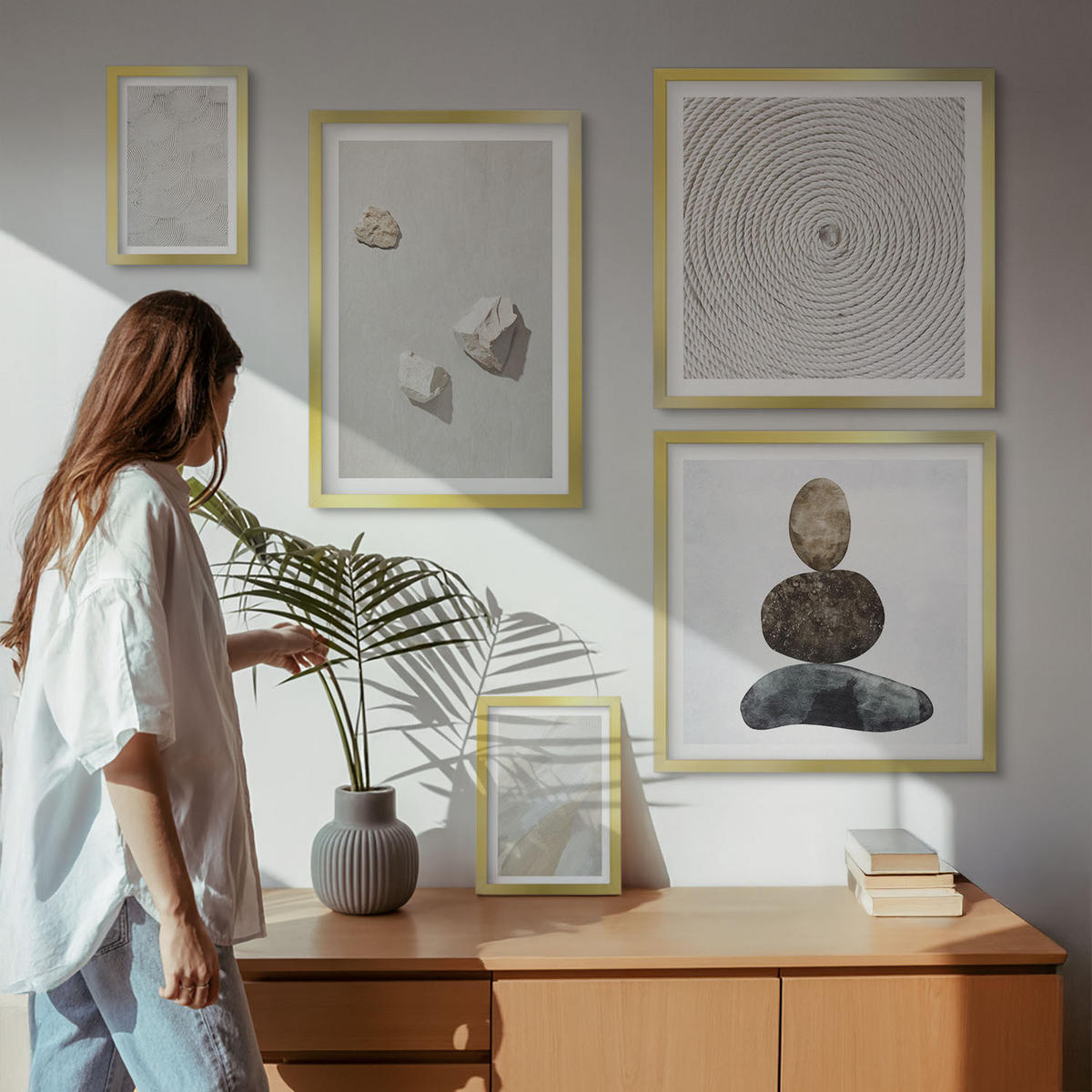 BILDER SET 5er Set - 50x50 cm & 20x30 cm & 40x60 cm Goldrahmen - Sandsteine moderne Farbe - Goldfarben, Kunststoff (40/60cm) - TULUP