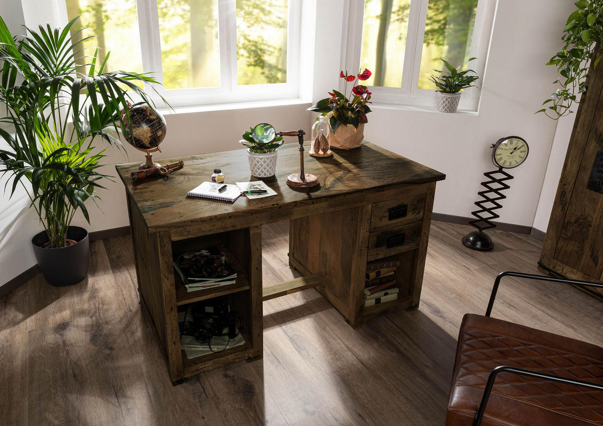 SCHREIBTISCH Mango 140x80x76 braun lackiert RAILWAY #461 - Braun, Holz (80/140/76cm) - Massivmoebel24