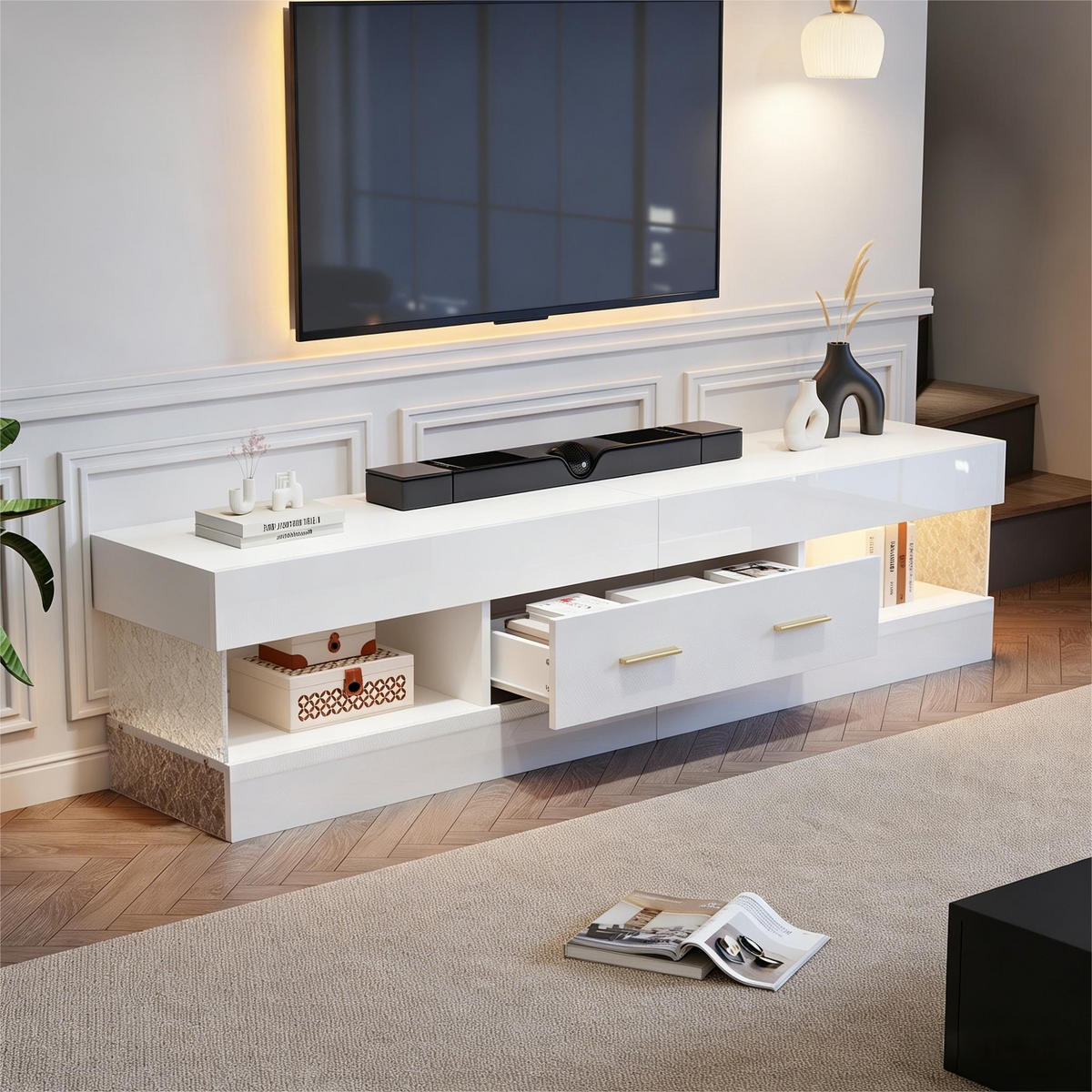 LOWBOARD in Weiß, TV Schrank mit LED, Offenen Stauraum und Schubladen, 152/35/40cm, für Wohnzimmer - Weiß, Holzwerkstoff (152/40/35cm) - STILVORA