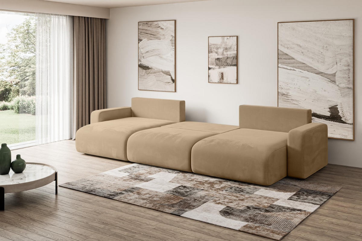 WOHNLANDSCHAFT mit Schlaffunktion und Bettkasten KLEEA-U - 347x143x83 cm Beige Velours - Beige/Schwarz, Holzwerkstoff/Kunststoff (347/83/143cm) - ALTDECOR