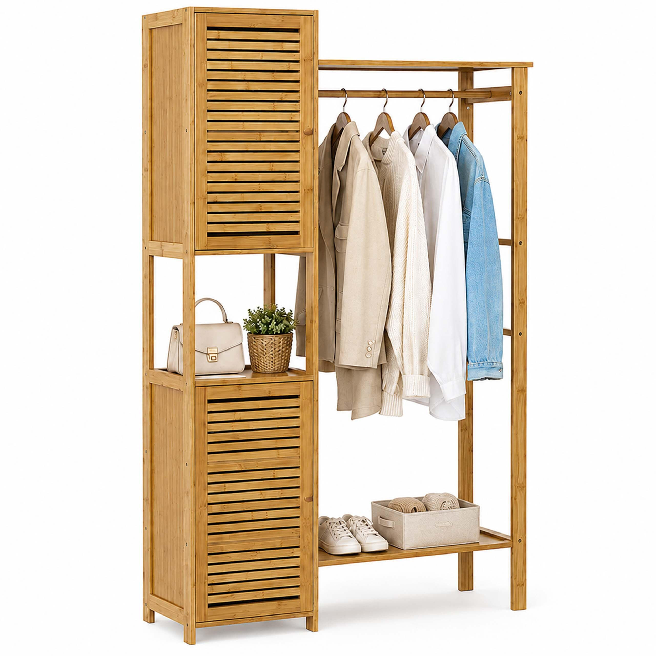 KLEIDERSTÄNDER Natur Bambus mit 2 Schrankelementen - Hellbraun, Holz (99/164/29cm) - Relaxdays