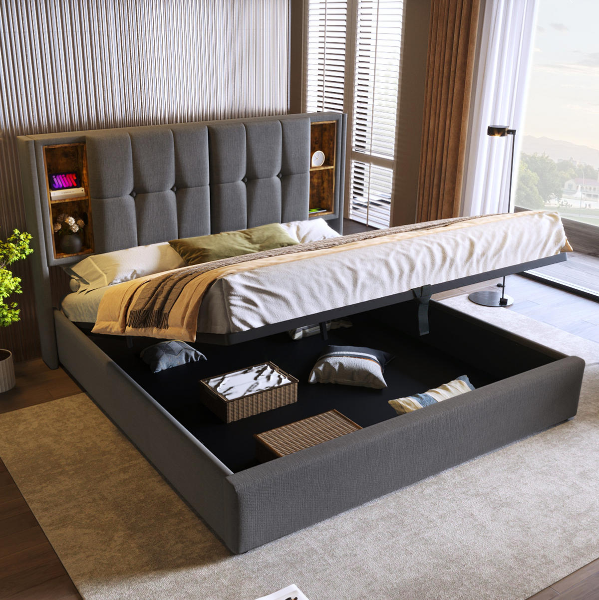POLSTERBETT 160/200 cm Grau aus Baumwolle mit Stauraum und Ladestation - Grau, Textil (160/200cm) - OKMYHOME