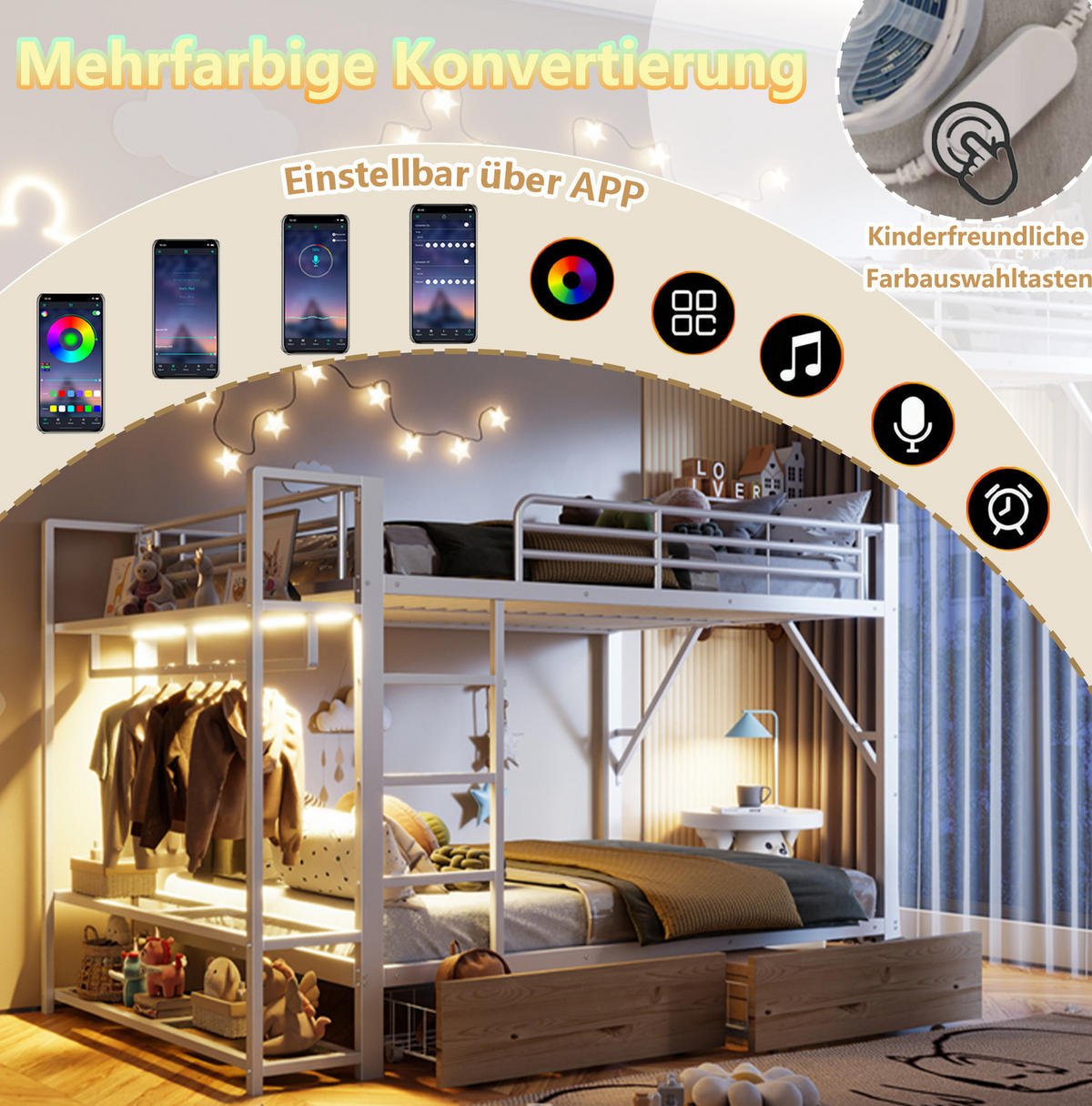 ETAGENBETT 140/200 cm weiß aus Metall mit LED, Regalen und 2 Schubladen - Weiß, Metall (140/200cm) - OKWISH