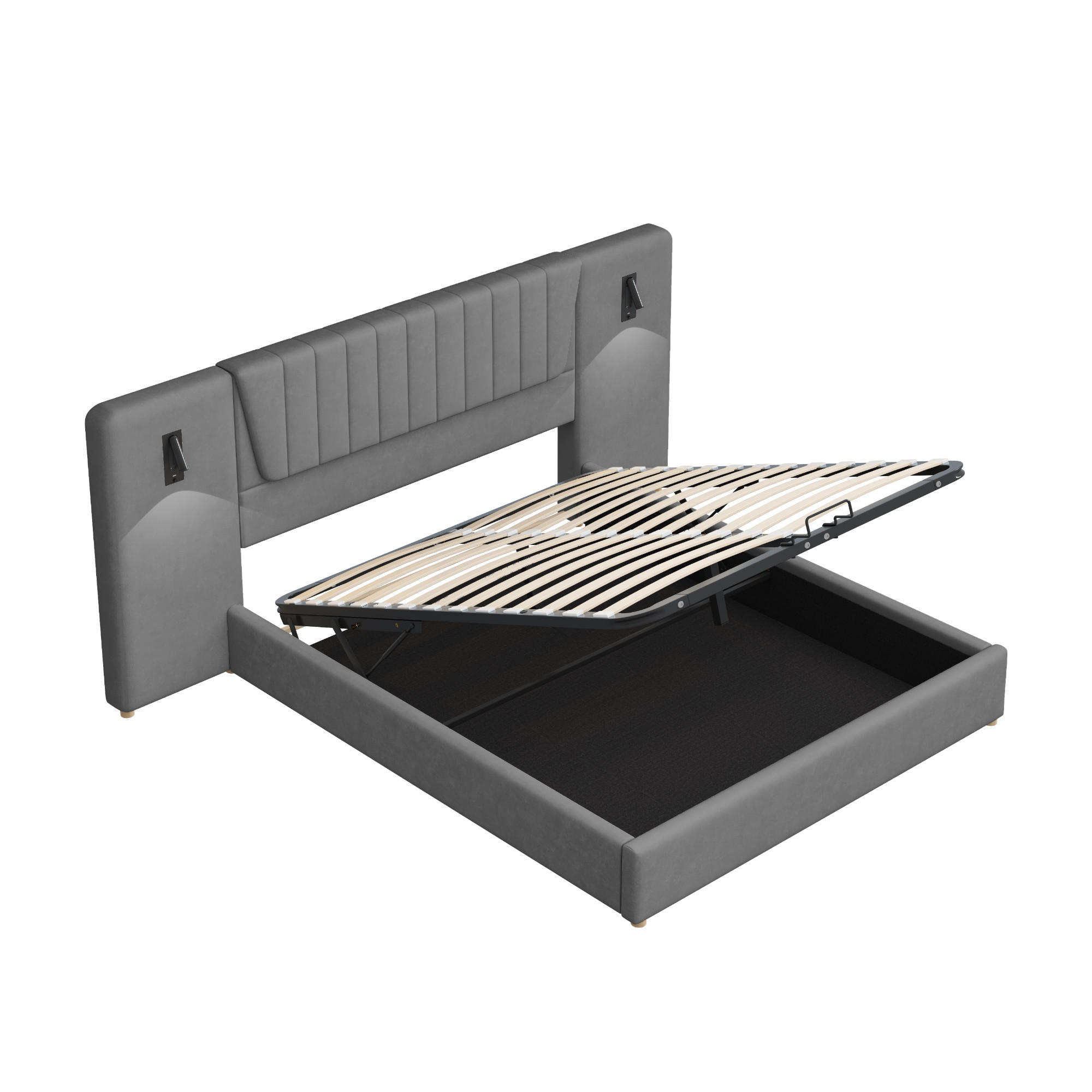 POLSTERBETT 180/200 cm in Grau Samt mit Bettkasten, Leselampen und USB - Grau, Holzwerkstoff/Textil (180/200cm) - WISHDOR