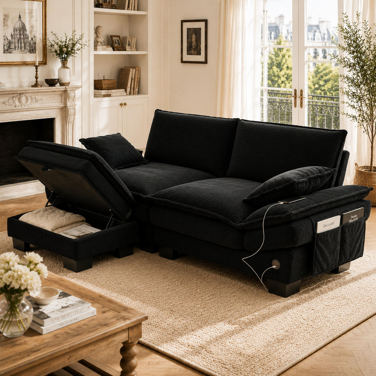 2-SITZER-SOFA DE-33749 mit Hocker und USB-C Schwarz - Schwarz, Metall (190/84/132cm) - ComfortXL