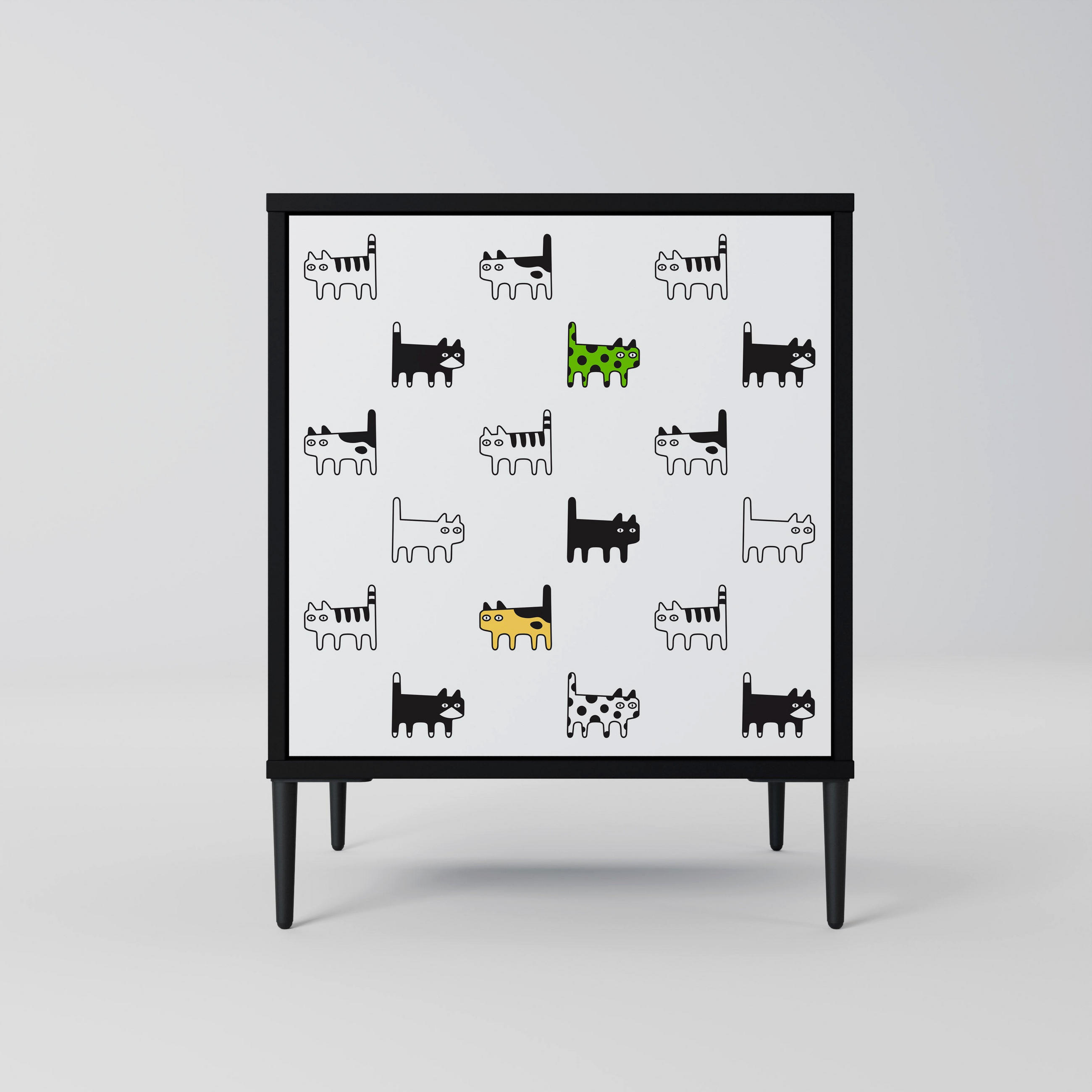 SIDEBOARD CATS COMPILATION, Schwarz, 57,5x42x72,5 cm, Schwarze Metallfüße - Multicolor/Schwarz, Holzwerkstoff/Metall (57.5/72.5/42cm) - SpaceRebels