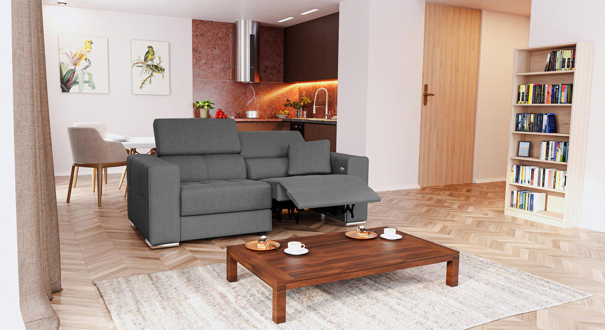 SOFA QUARTZ 3-Sitzer mit 1 Relaxfunktion, dunkelgrau - Dunkelgrau/Silberfarben, Holzwerkstoff/Textil (204/80/102cm) - Courtois Laville