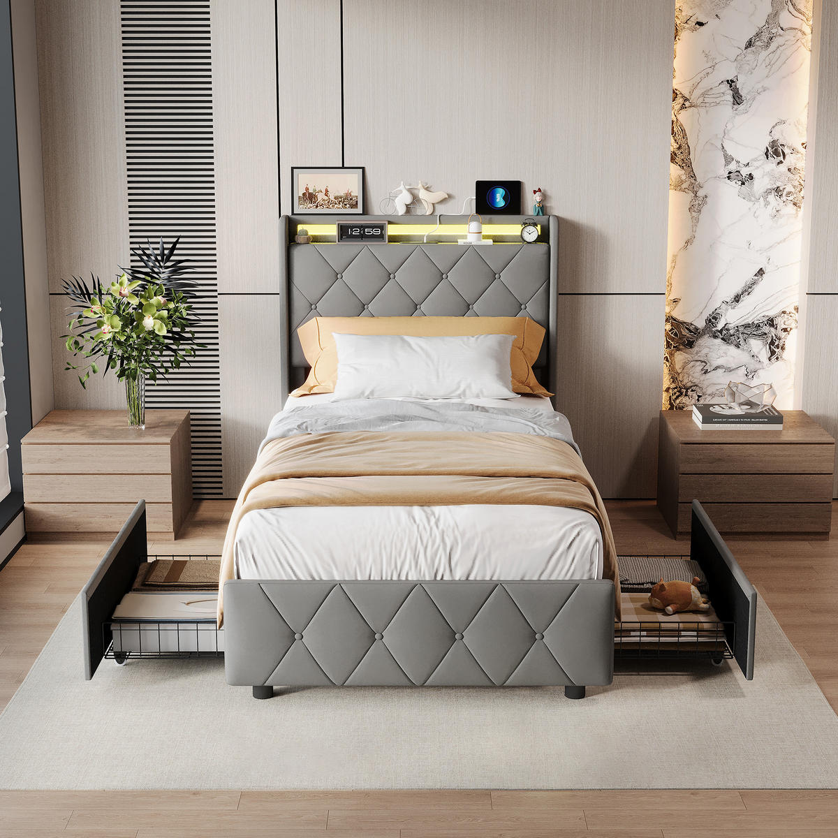 POLSTERBETT 90x200 cm mit 2 Schubladen, LED, USB & Type-C, Einzelbett Kopfteil und Lattenrost, Grau - Grau, Metall (90/200cm) - EuroLiving