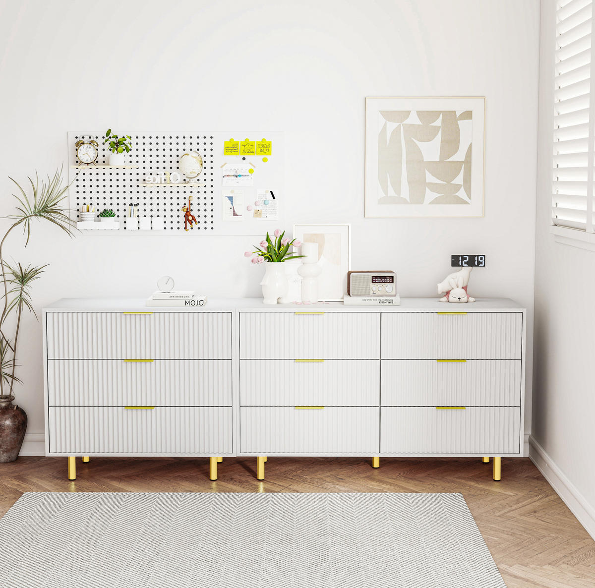 KOMMODEN-SIDEBOARD 200/40/72 cm mit 9 Schubladen in Weiß und Gold - Weiß, Holzwerkstoff (200/72/40cm) - BEAOK
