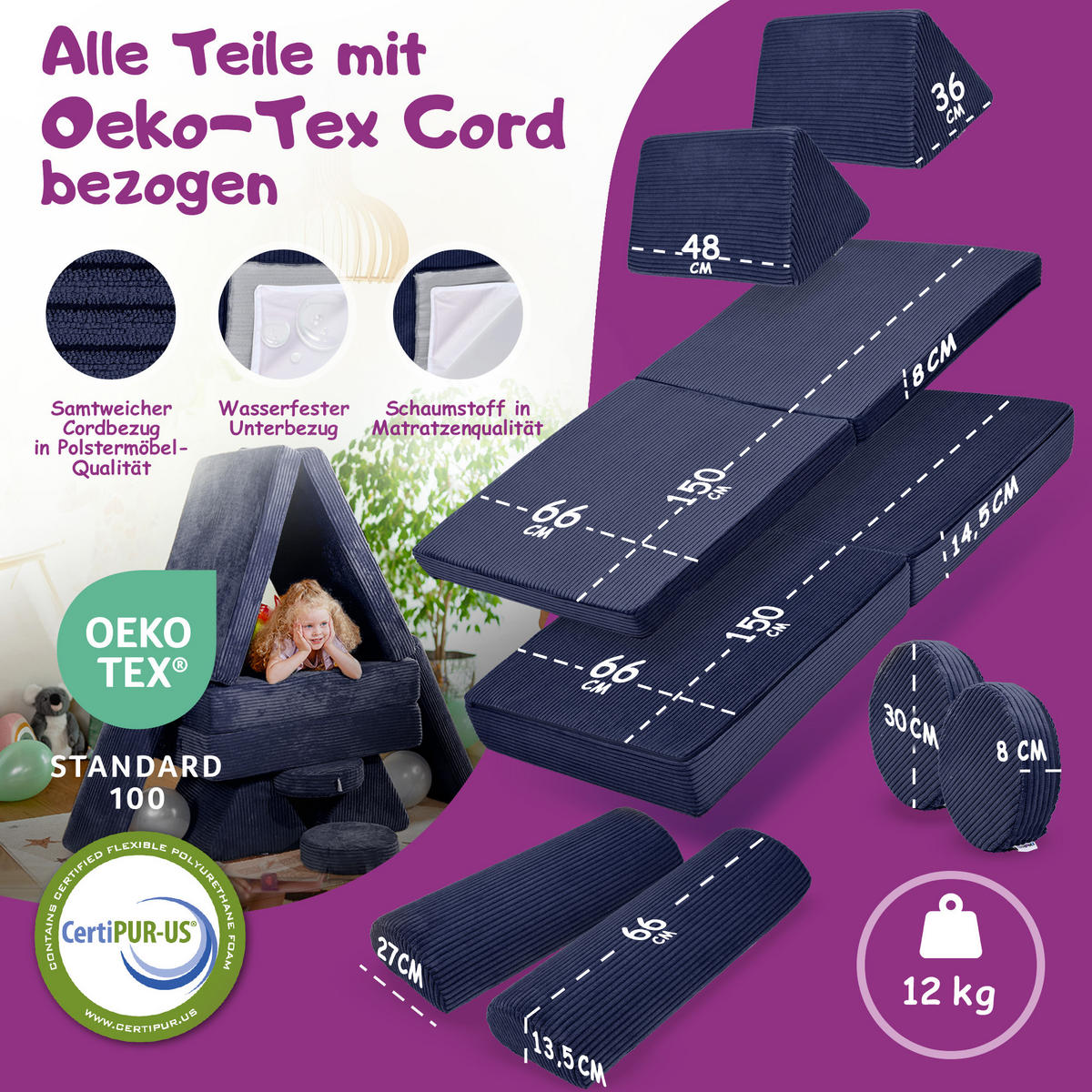 SPIELSOFA Kinder Fantasiewelt 8tlg - Dunkelblau, Textil (150/55/66cm) - Linodino