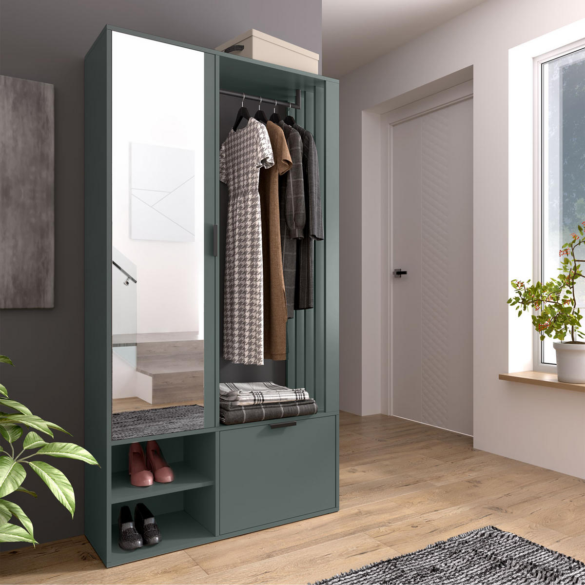 GARDEROBENSCHRANK Milanoir Stone Green 100/189,4/33 cm - Modern mit Spiegel - Grün, Holzwerkstoff/Kunststoff (100/189.4/33cm) - AX Living