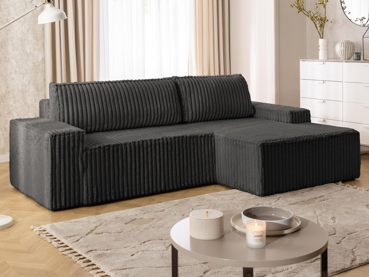 ECKSOFA Rivio mit Schlaffunktion und Bettkasten, Plüschcord Dunkelgrau - Dunkelgrau/Schwarz, Holz/Kunststoff (262/149cm) - S-Style