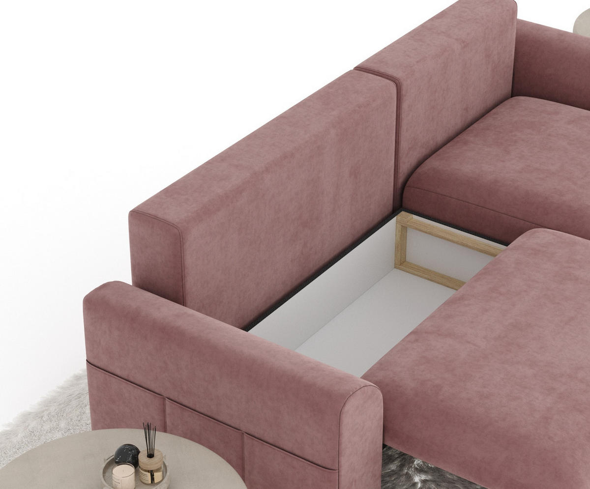 ECKSOFA MIT SCHLAFFUNKTION Bodega Rose Samtstoff - Schwarz/Rosa, Holz/Holzwerkstoff (235/138cm) - Maison de Reve