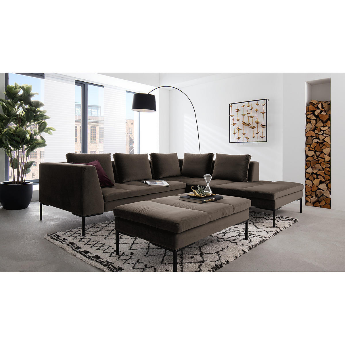 ECKSOFA mit Ottomane - Taupe/Schwarz, Textil/Metall (255/230cm) - home24