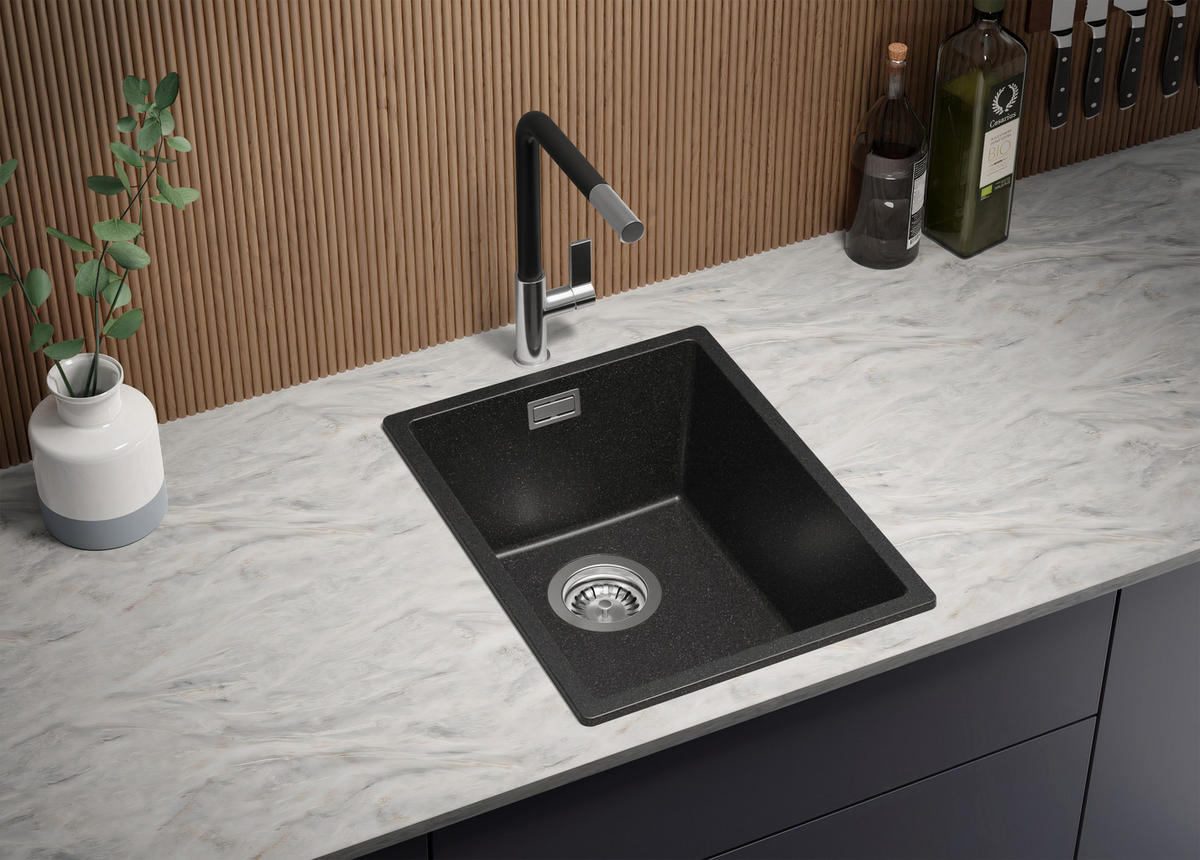 SPÜLBECKEN London Slim, 2-er set Anthrazit 36/47 cm 1 Becken + Ablauf-Set ab 40er Unterschrank - Chromfarben/Anthrazit, Kunststoff (36/20/47cm) - Primagran