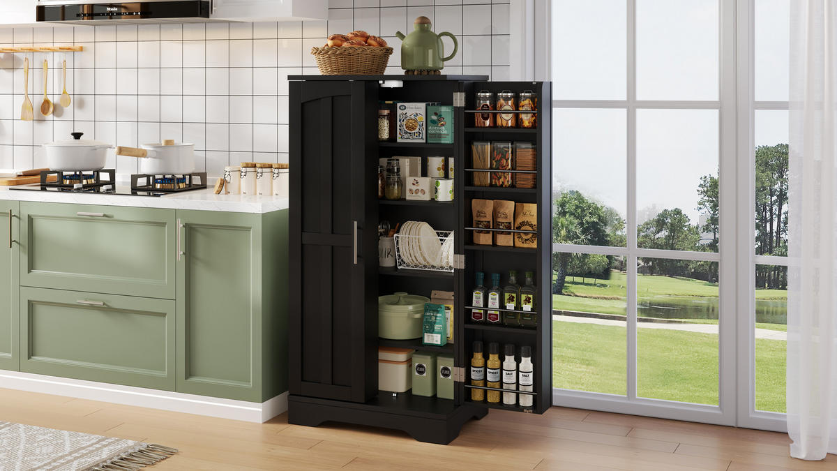 MODERNER Hochschrank aus MDF mit 3D-Wellentüren, LED-Sensorlicht und verstellbaren Regalböden, 120/60/40 cm, Schwarz - Schwarz, Holzwerkstoff (60/120/40cm) - Redom