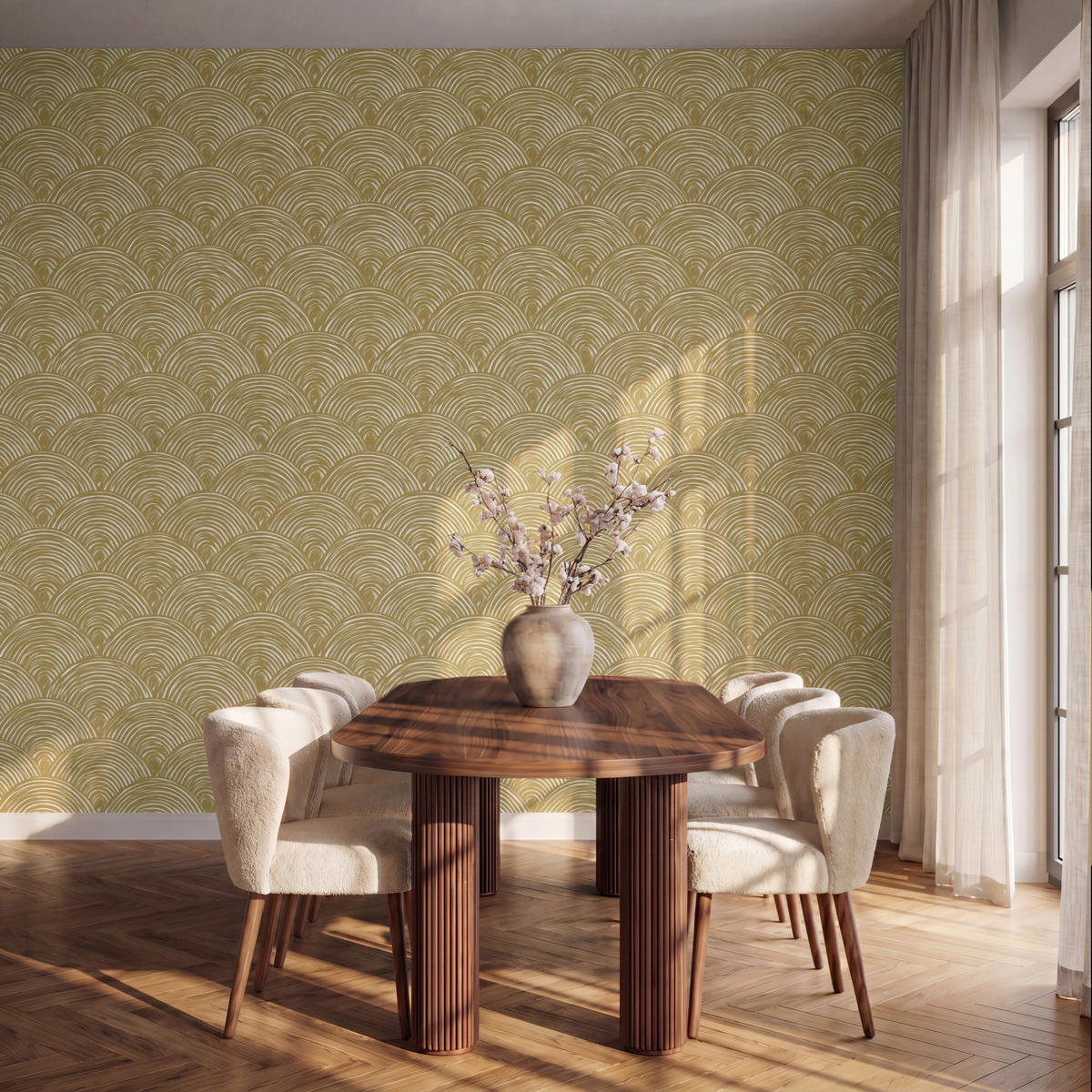 TAPETE - Fächer - Geometrisch - Grün - 350x280 cm - Goldfarben, Papier (350/280cm) - OnlyWow