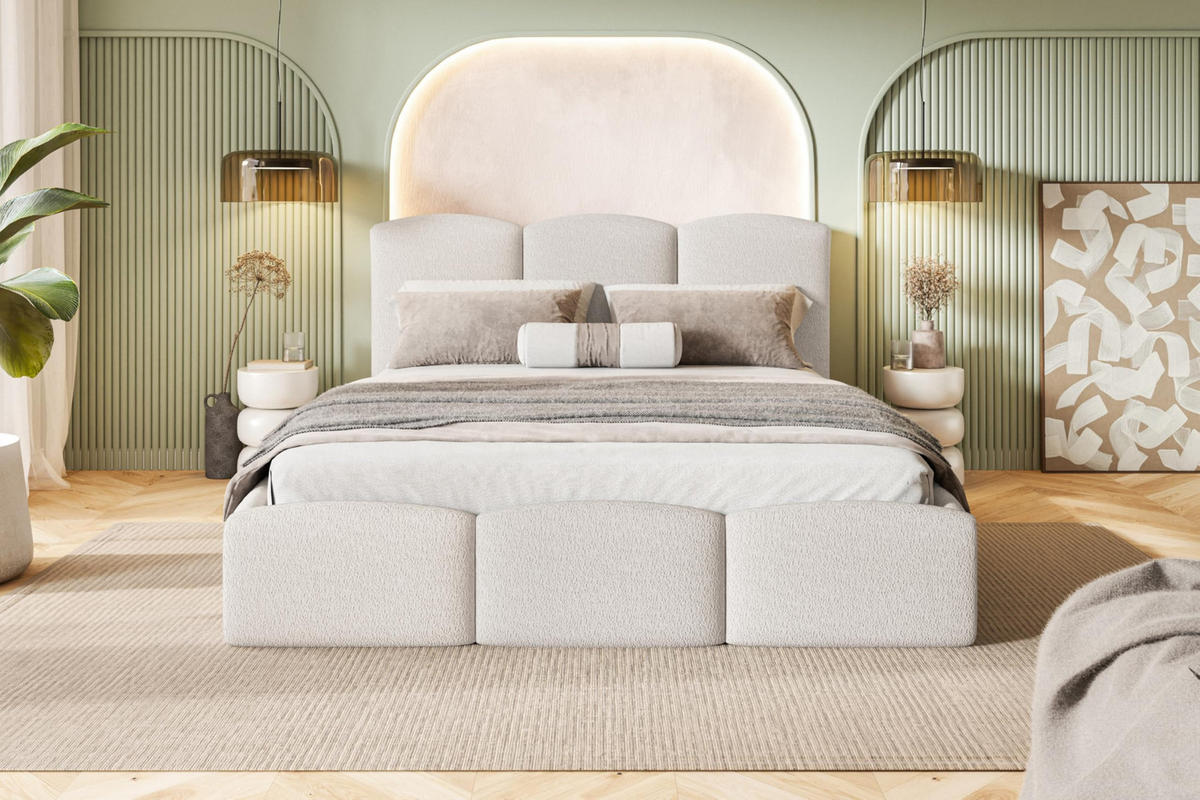 BETT 90x200 - Polsterbett mit Bettkasten und Holzrahmen - Modern Betten - Kuscheliger Catch-Me-Stoff - Kollektion Zoya - Weiß - Weiß, Holz/Textil (90/200cm) - Alpi-Möbel