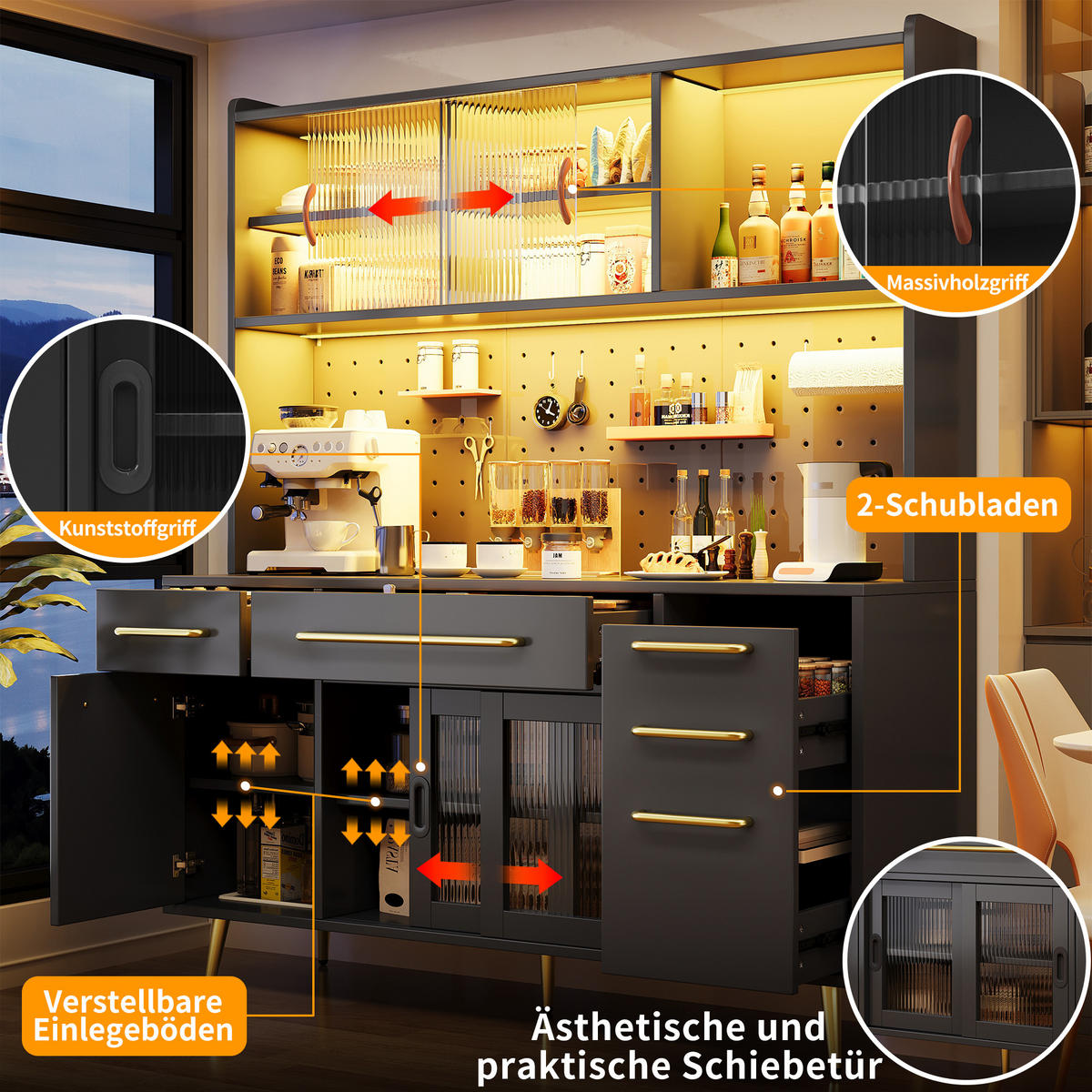 KÜCHENSCHRANK LED Lochwand Glastür Schublade Schwarz - Schwarz, Glas (145/171/39cm) - FLIEKS