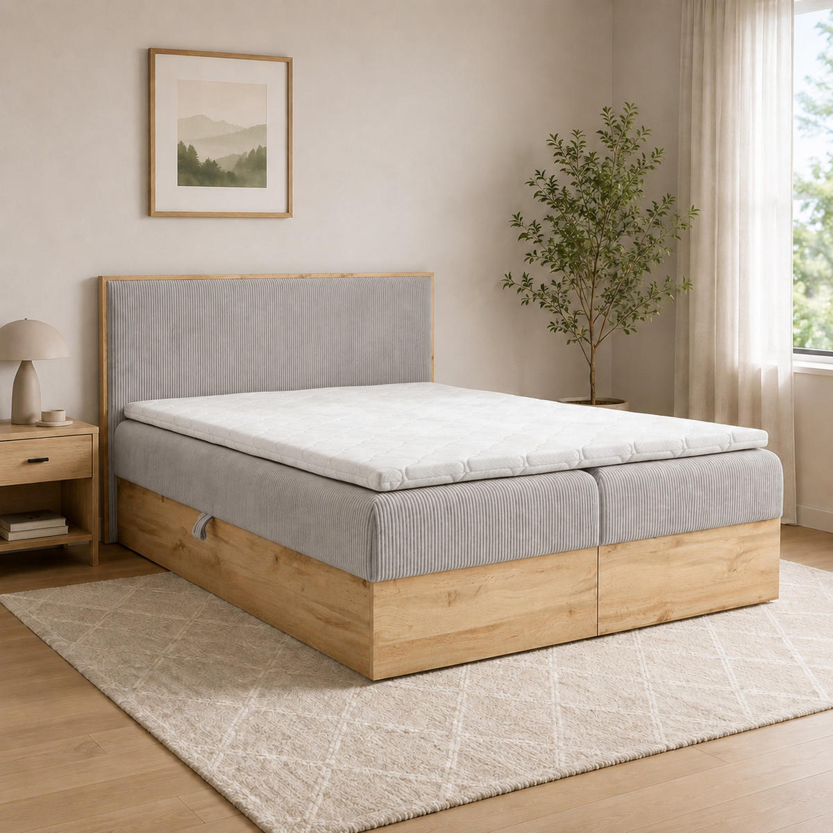 BOXBETT Holzoptik Sonoma mit Topper 140x200 cm Hellgrau - Hellgrau, Textil (140/200cm) - Home Collective