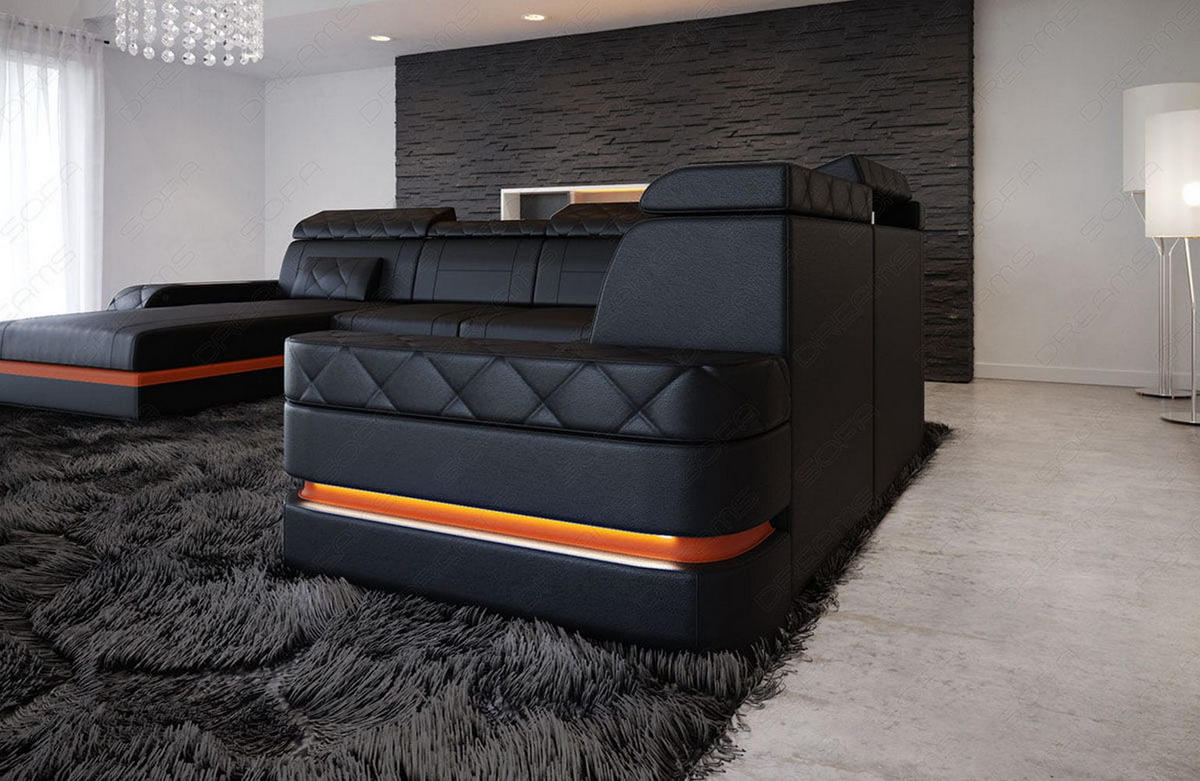 WOHNLANDSCHAFT Bologna Schwarz Orange Echtleder - Schwarz, Leder (397/89/299cm)