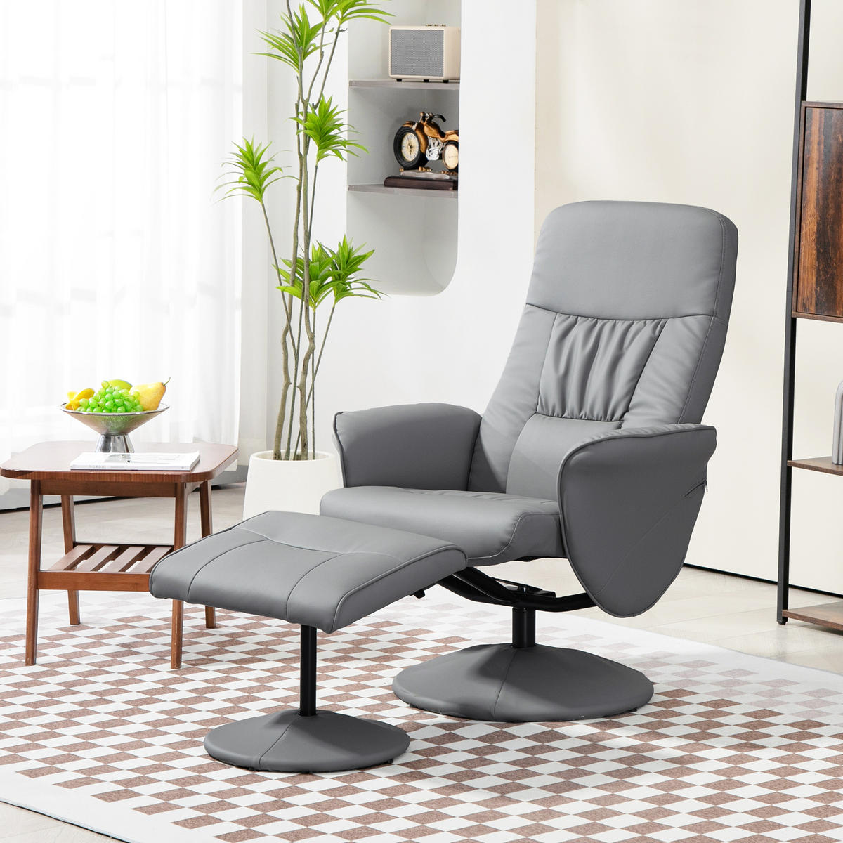 RELAXSESSEL mit Hocker, Fernsehsessel, TV Sessel mit Liegefunktion, Kunstleder - Hellgrau/Grau, Metall (76/101/81cm) - HOMCOM