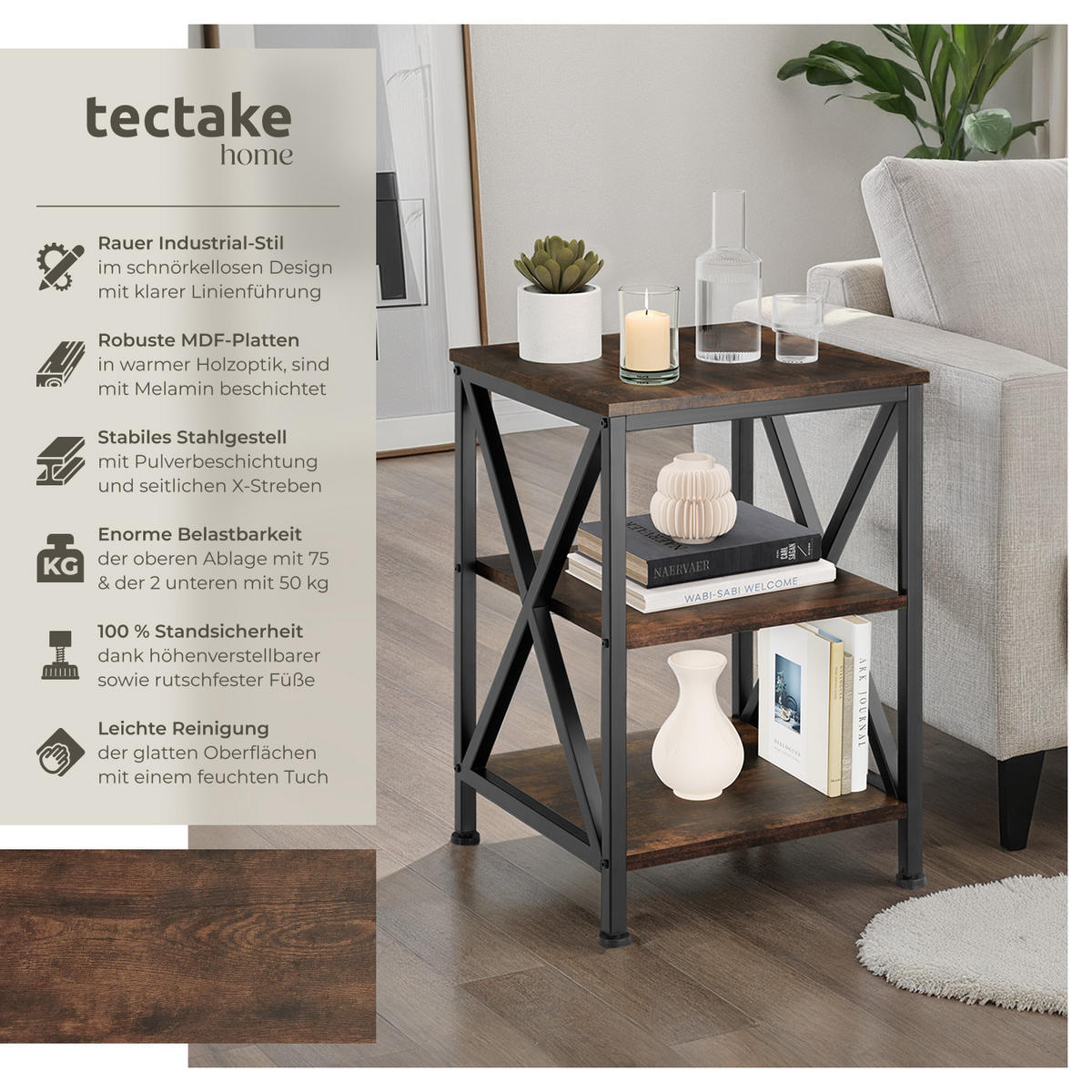BEISTELLTISCH Nottingham,40,5 x 40,5 x 60,5 cm,Industrial Holz dunkel, rustikal - Rostfarben, Holz (40.5/40.5/60.5cm) - tectake
