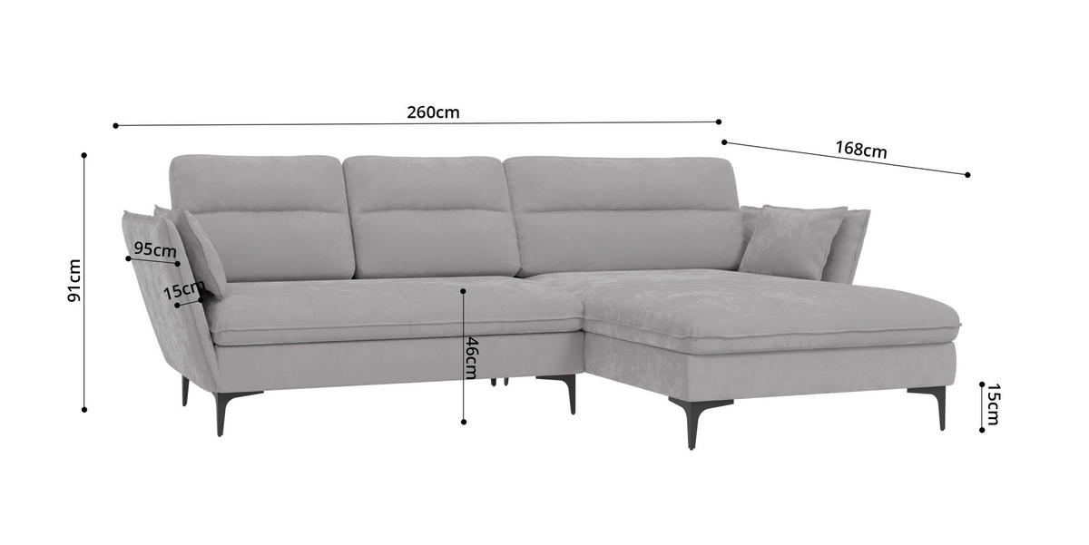 ECKSOFA Mira Hellgrau Samt-Stoff - Hellgrau/Schwarz, Textil/Metall (260/168cm) - S-Style Möbel