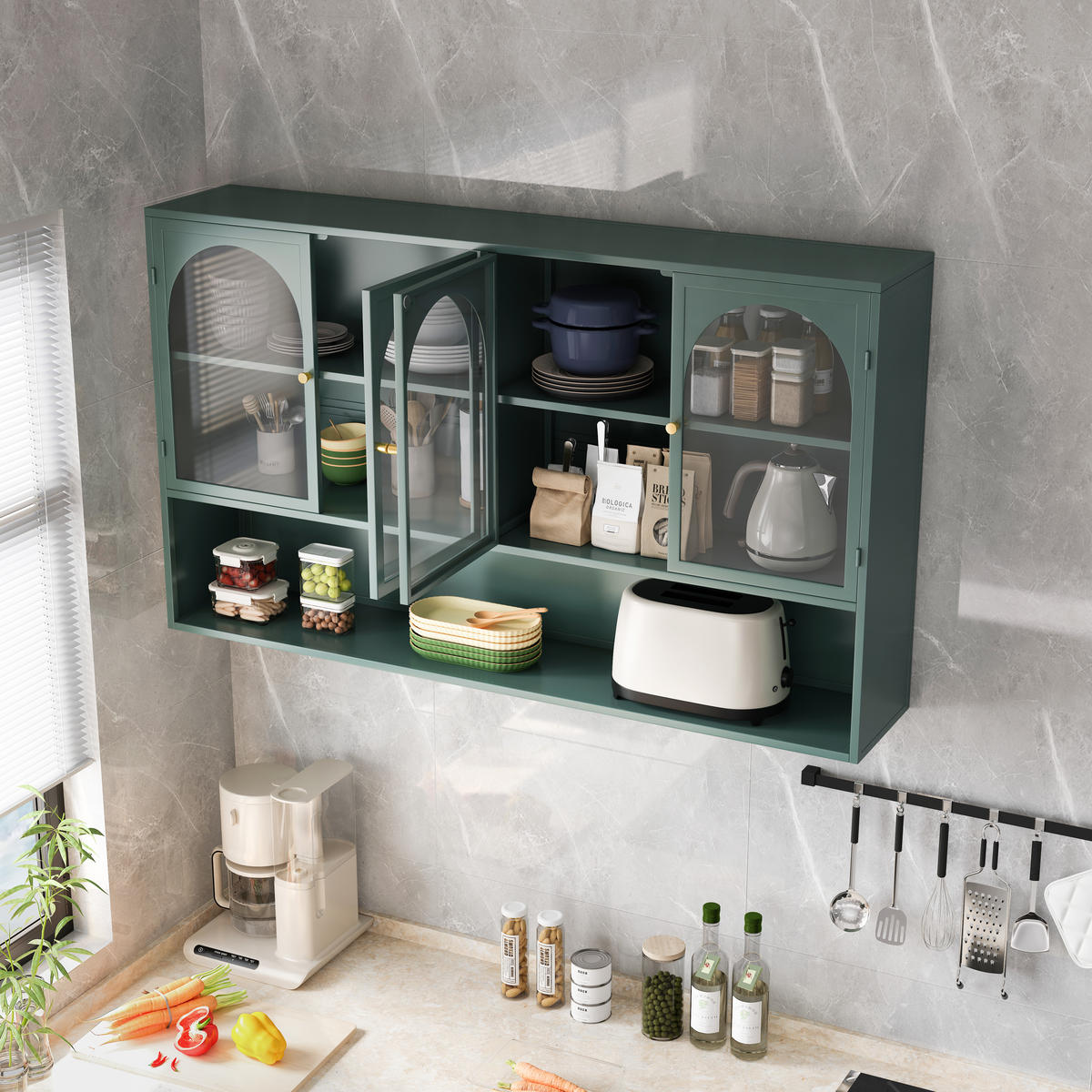 HÄNGESCHRANK DE-38130 120/23/70 cm mit 4 Glastüren Dunkelgrün - Dunkelgrün, Metall (120/70/23cm) - ComfortXL