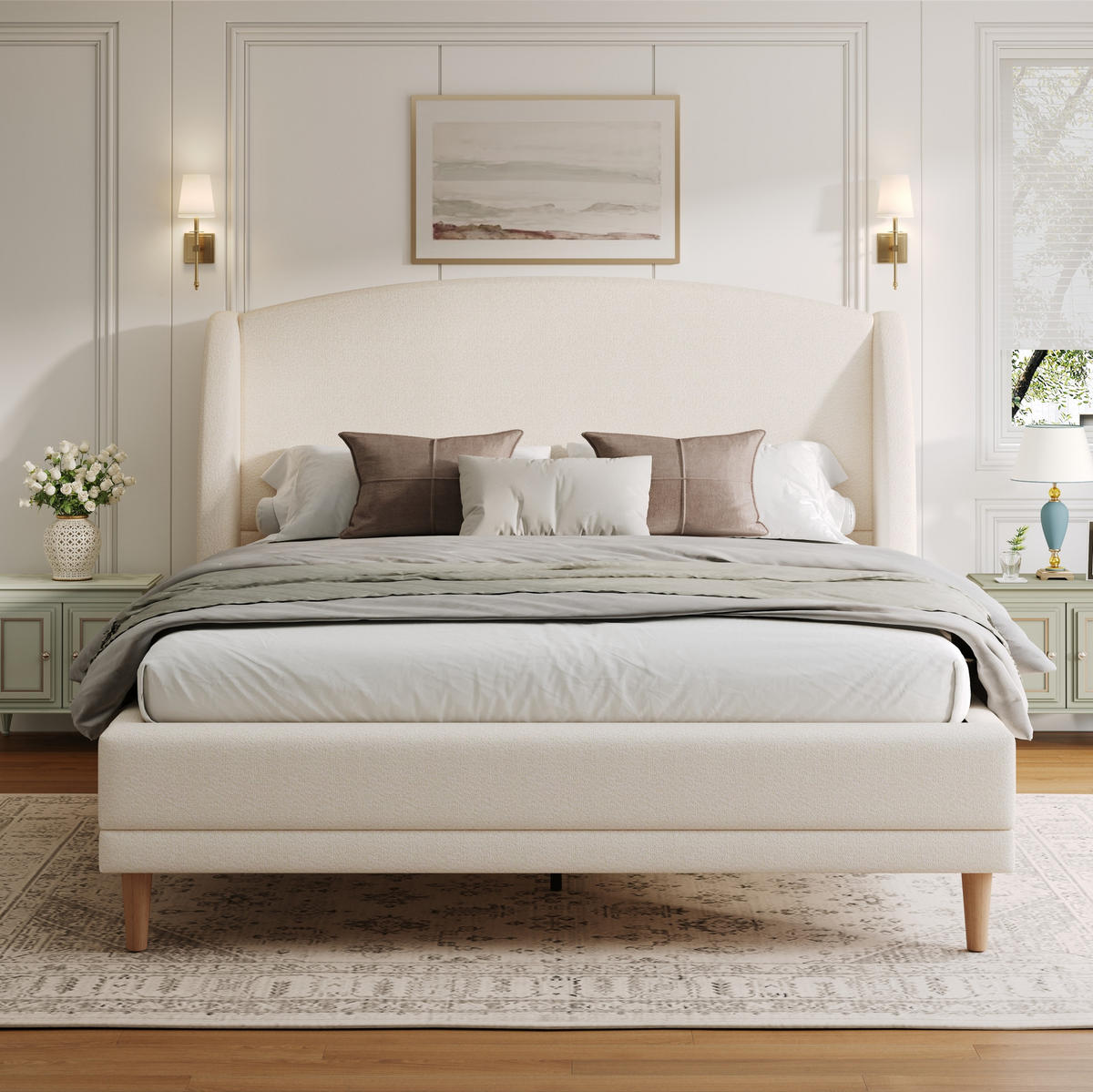 BETT mit Wingback-Kopfteil 140x190 cm Bouclé Weiß - Weiß, Holz (140/190cm) - Meubliv