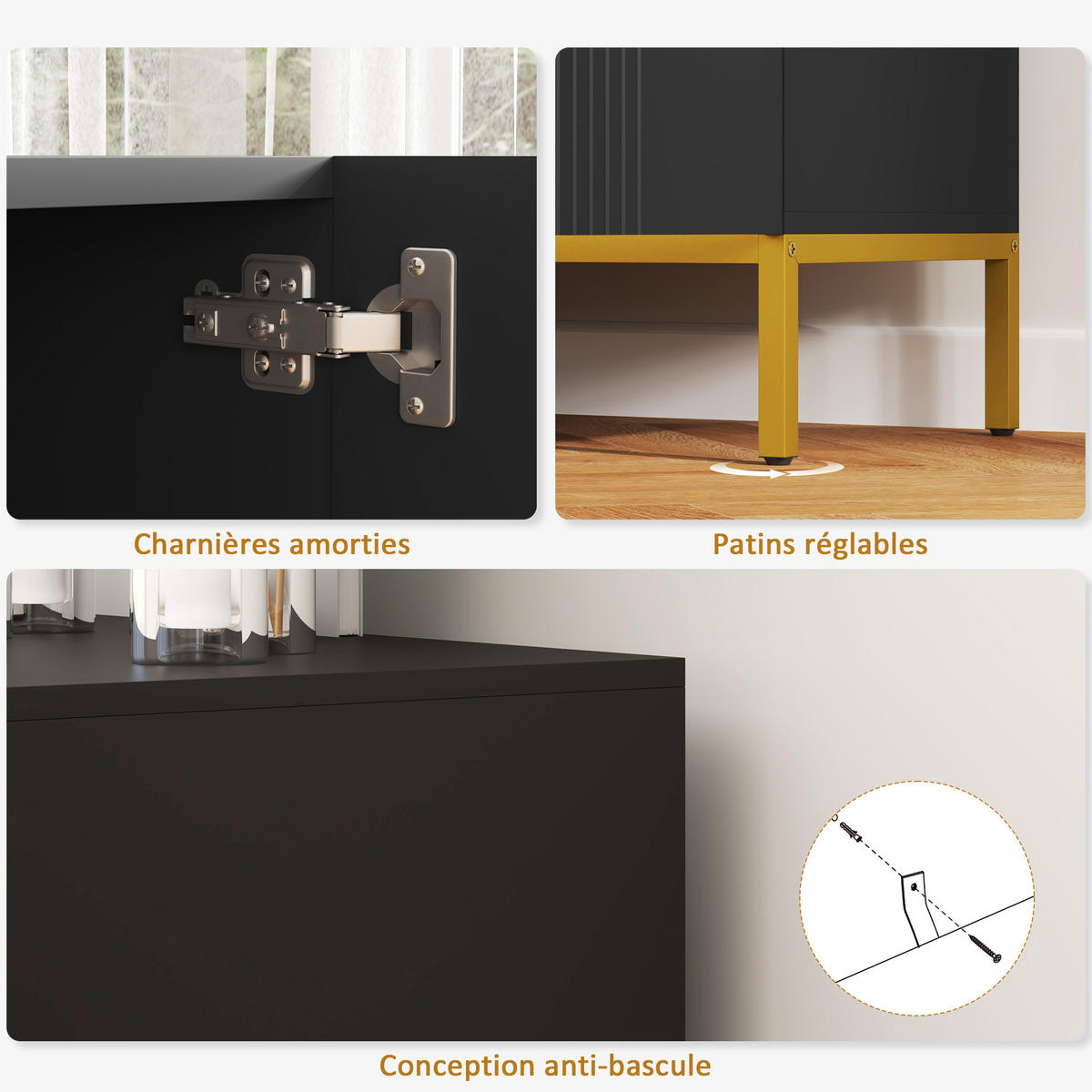 SIDEBOARD Schwarz und Goldfarben, 4 Türen, 140/40/75 cm - Schwarz, Holz (140/75/40cm) - PANGIVO