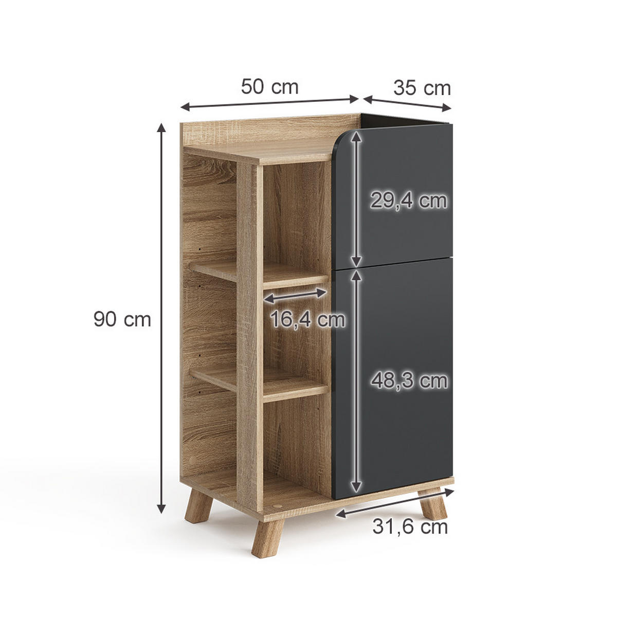 UNTERSCHRANK Karen Anthrazit 50 x 90 cm mit Tür und Schublade - Anthrazit/Sonoma Eiche, Holzwerkstoff (50/90/35cm) - Vicco