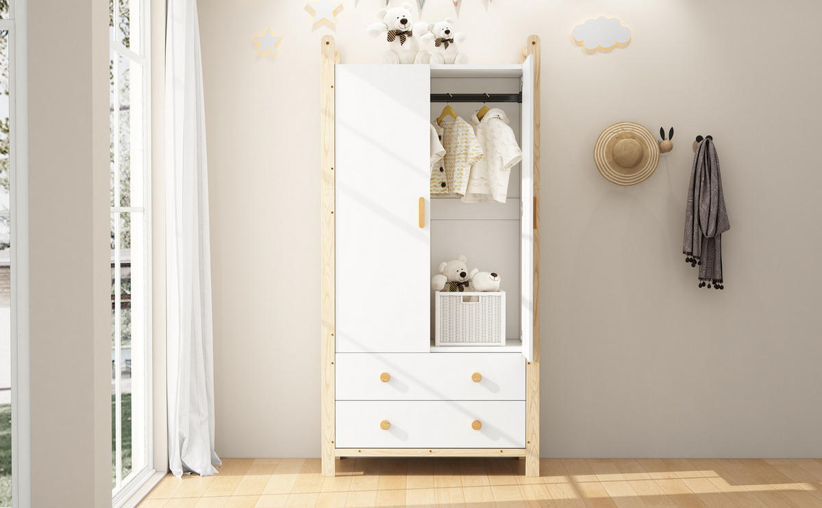 KLEIDERSCHRANK 89,6/180,5/44 cm Natur/Weiß aus Massivholz und MDF mit 2 Schubladen - Weiß, Holzwerkstoff (45/180/90cm) - OKMYHOME