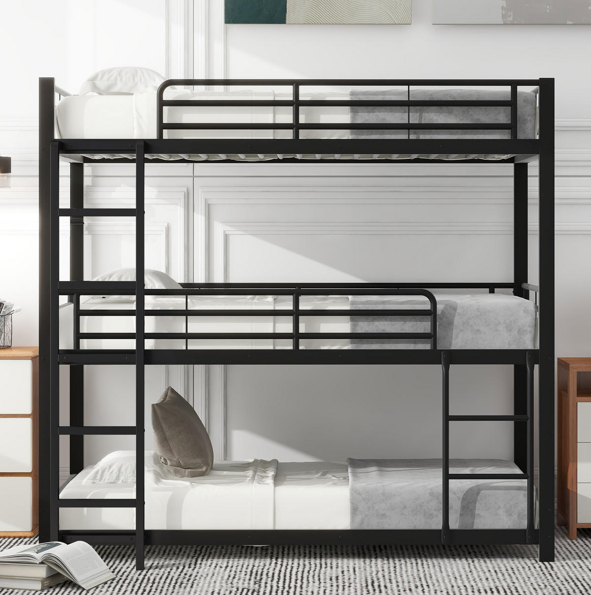 VISOKI krevet 90/200 cm s tri etaže, sigurnosnim ogradicama i štednjom prostora, Crni - crna, metal (90/200cm) - Redom