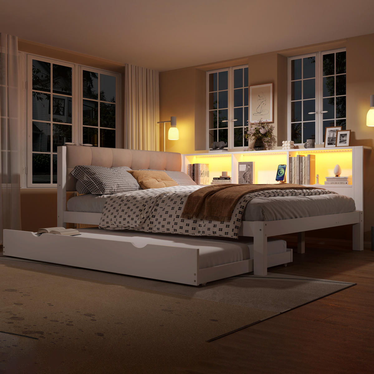 KINDERBETT 140/200 cm Weiß mit Ausziehbett, Regal und LED-Beleuchtung - Weiß, Holz (140/200cm) - Flora Grace