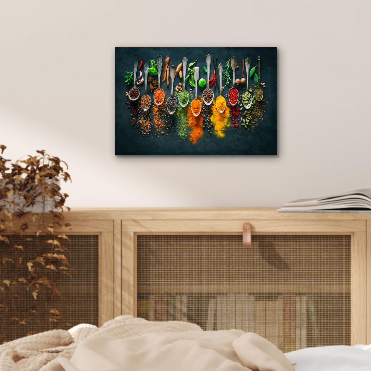 KOVOVÝ OBRAZ Bylinky - korenie - lyžičky 30x20 cm - kari žltá, kov (30/20cm) - MuchoWow