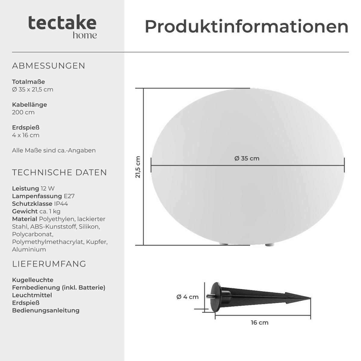 KUGELLEUCHTE Luminous Eye,inklusive Erdspieß,weiß - Weiß, Kunststoff (35/35/21.5cm) - tectake