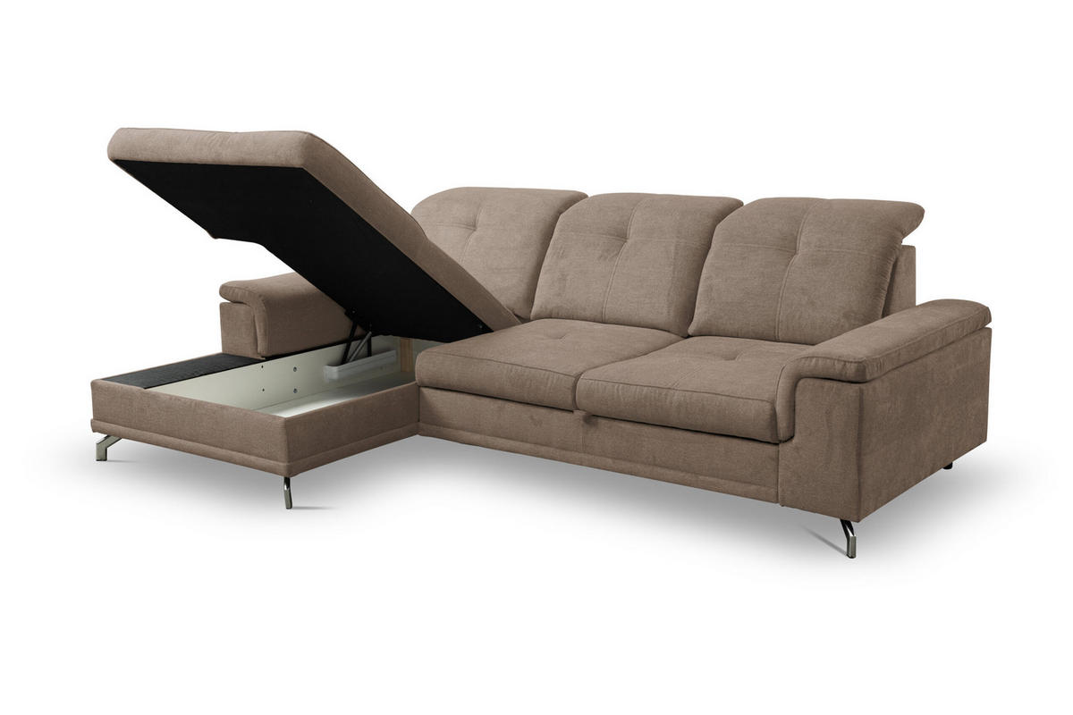 ECKSOFA PANAMA mit Schlaffunktion und Bettkasten, Farbe: Braun, Velourstoff, Ottomane Links - Braun, Textil (270/180cm) - VENASI MÖBEL