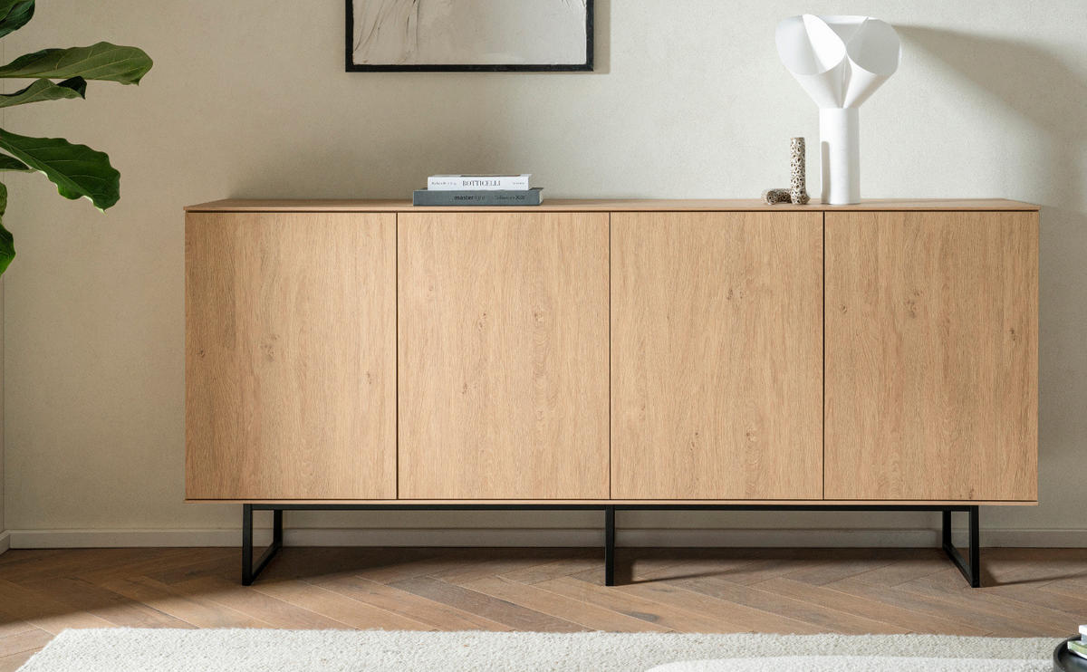 SIDEBOARD Stone Eiche, Kommode 200 x 90 cm, mit Push-to-Open - Eichefarben/Schwarz, Holzwerkstoff/Metall (200/90/40cm) - Furn.Design